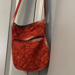 Embroidered Red Crossbody Bag with Mirror Accents